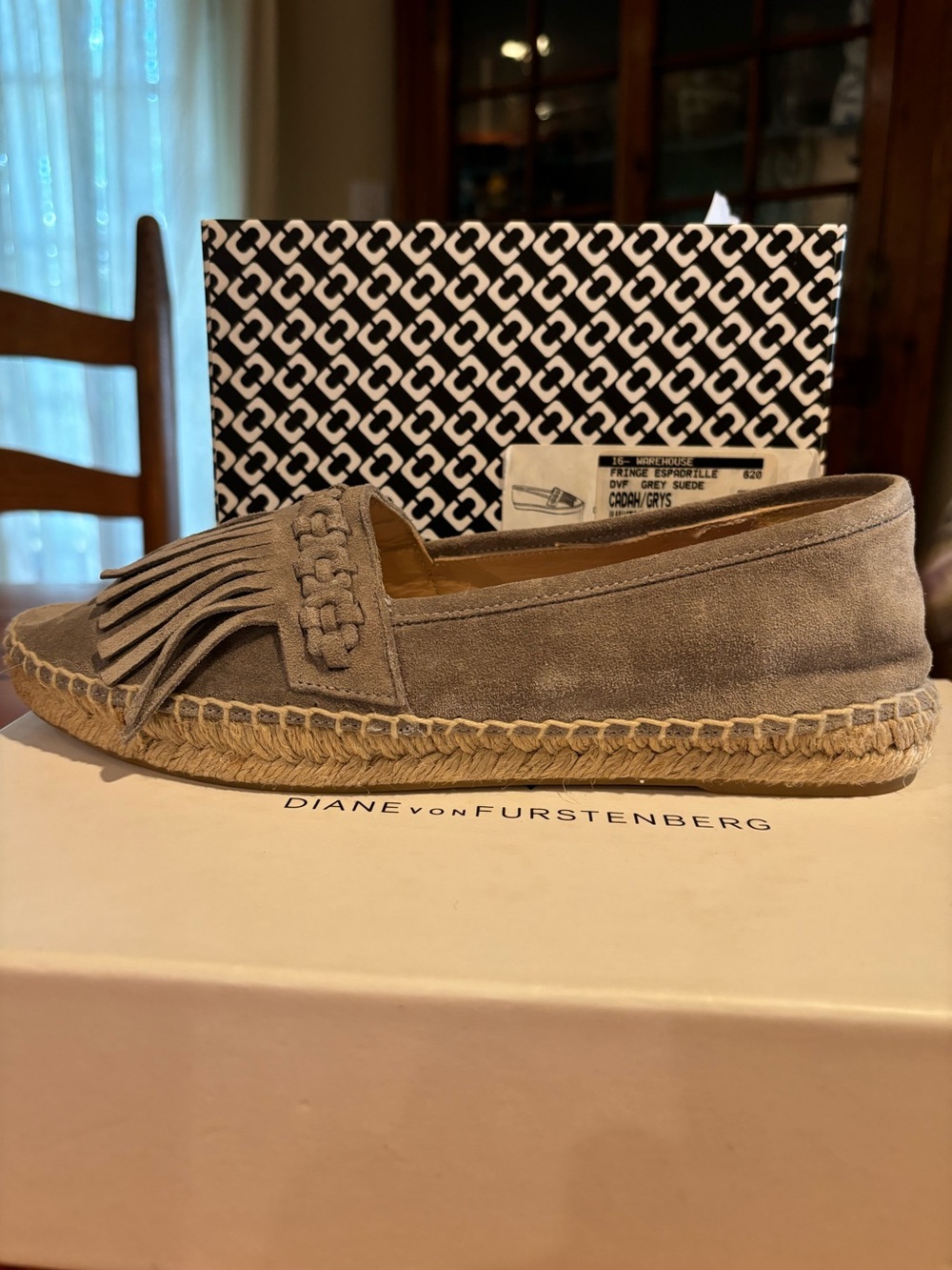 Diane Von Furstenberg Grey Suede Espadrille Loafers moccasin with Fringe size 7